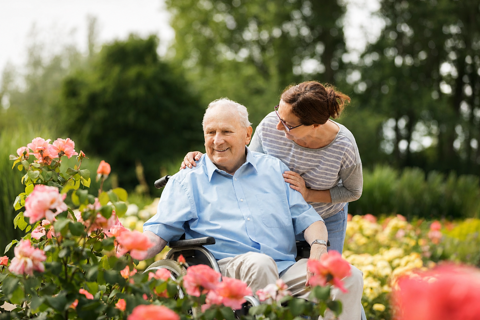 A carer supporting an older man in a garden