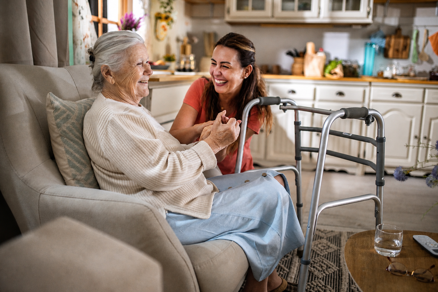 A live-in carer spending time with an older woman at home
